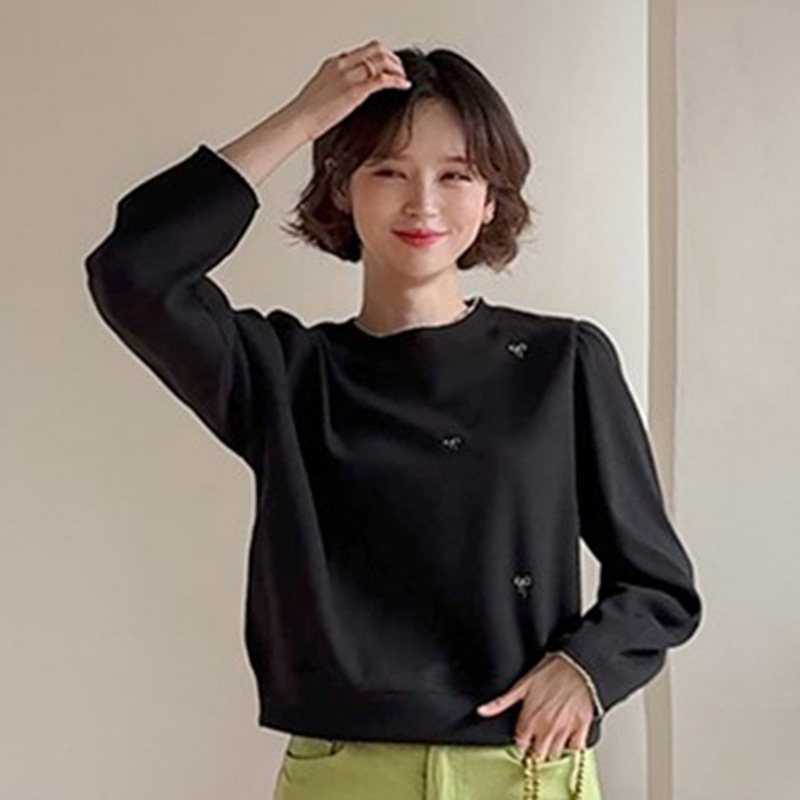 韩国代购直邮Leelin春淑女温柔甜美蝴蝶结印花圆领长袖套头针织衫