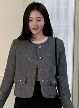 韩国代购直邮2026春Cherrykoko小香风粗花呢圆领金扣气质短外套女