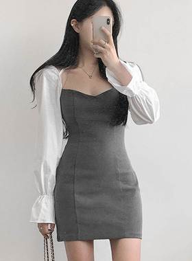 韩国直邮Secondesecon秋百搭时尚名媛气质聚会褶皱泡泡袖连衣裙女