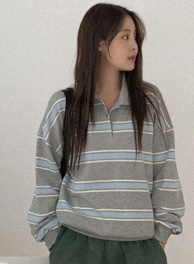 韩国直邮Heylady秋时尚复古休闲百搭通勤宽松翻领条纹长袖卫衣女