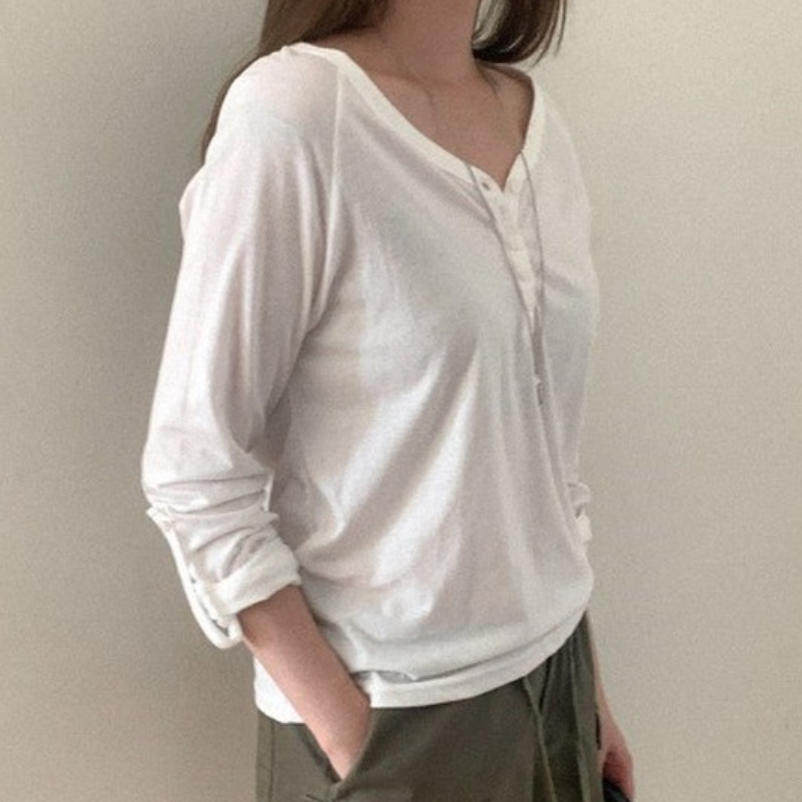 韩国代购直邮2026秋Heylady慵懒风纯色V领长袖T恤女显瘦百搭上衣