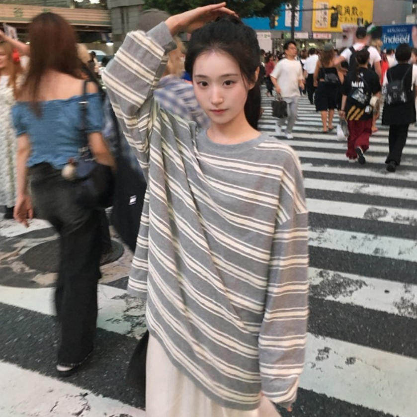 韩国代购直邮2026秋Daybin百搭条纹长袖T恤女宽松圆领头休闲上衣