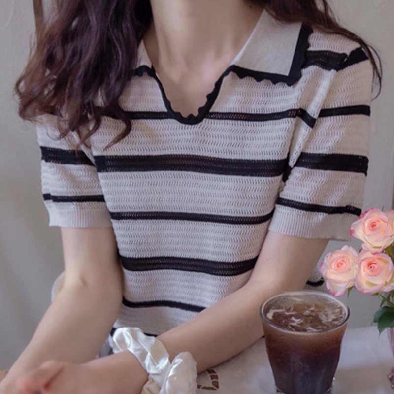 韩国直邮Leelin夏时尚气质淑女翻领条纹亚麻宽松短袖针织衫女