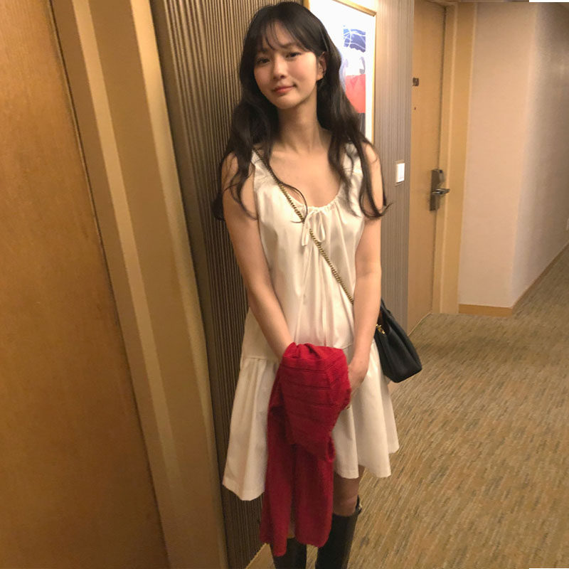 韩国代购直邮2026春百搭甜美少女感圆领纯色清纯系绳无袖连衣裙女
