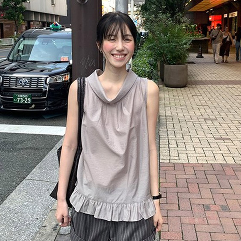 韩国代购直邮2026夏Flily简约百搭荷叶边无袖背心女设计感宽松女
