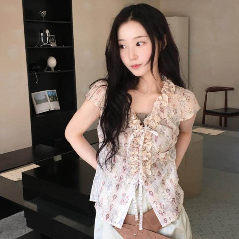 韩国代购直邮2026夏Daybin韩版复古甜心风碎花木耳边系带短袖衬衫