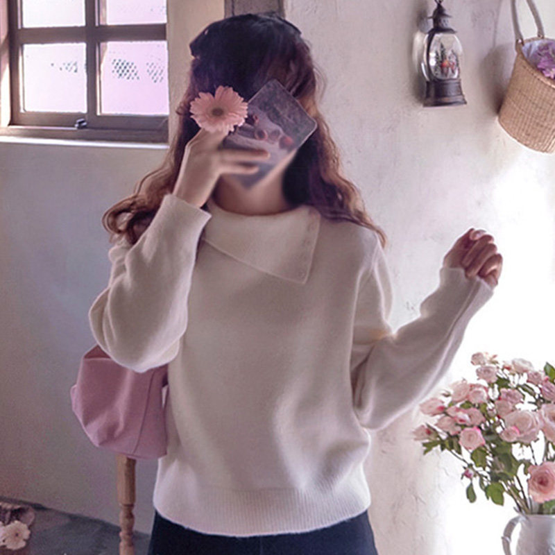 韩国代购直邮Leelin冬温柔简约淑女通勤翻领套头直筒长袖针织衫女