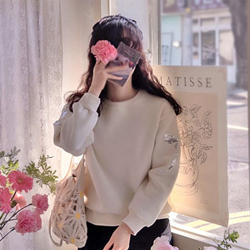 韩国代购直邮Leelin春百搭日常通勤设计时尚感加绒长袖宽松卫衣女