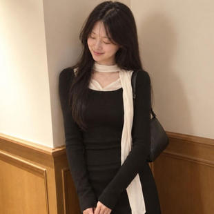 韩国代购直邮2026冬Cherrykoko假两件撞色长袖T恤女修身显瘦上衣