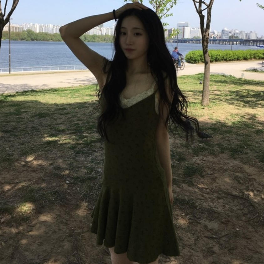 韩国代购直邮2026夏Daybin甜美少女风绿色吊带连衣裙复古森系短裙