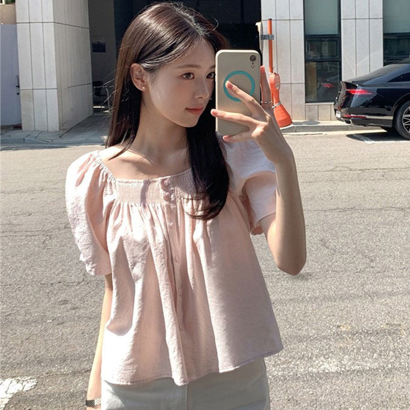 韩国代购直邮2026夏Cherrykoko甜美可爱风减龄泡泡袖方领短款衬衫