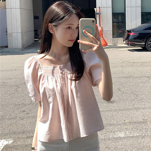 韩国代购直邮2026夏Cherrykoko甜美可爱风减龄泡泡袖方领短款衬衫