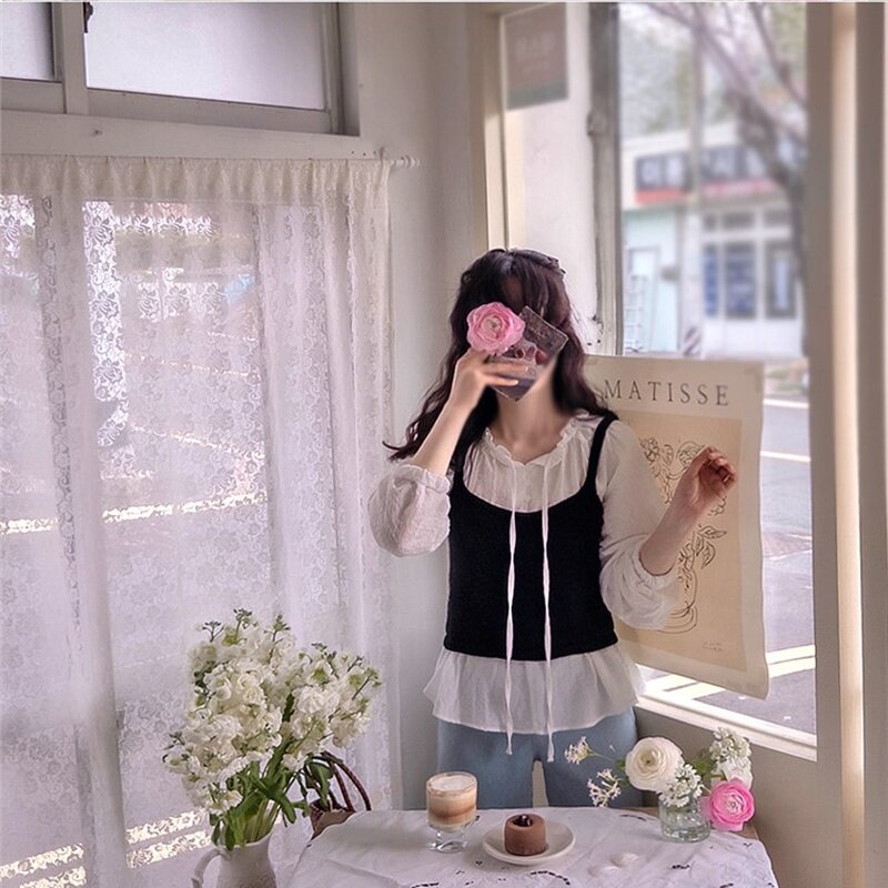 韩国代购直邮2026春Leelin森女系少女感叠穿针织吊带背心女衬衫