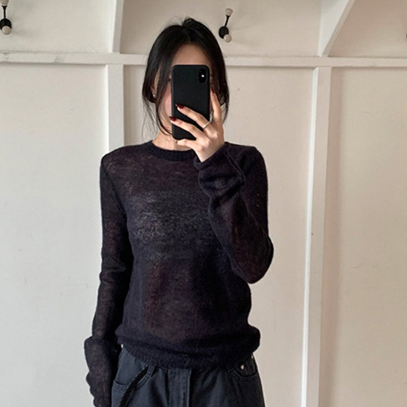 韩国代购直邮Flily春通勤简约穿通勤搭长袖薄款套头圆领针织衫女