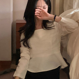 衬衫 thankyou冬淑女百搭方领收腰荷叶边长袖 女 直邮Fine 韩国代购