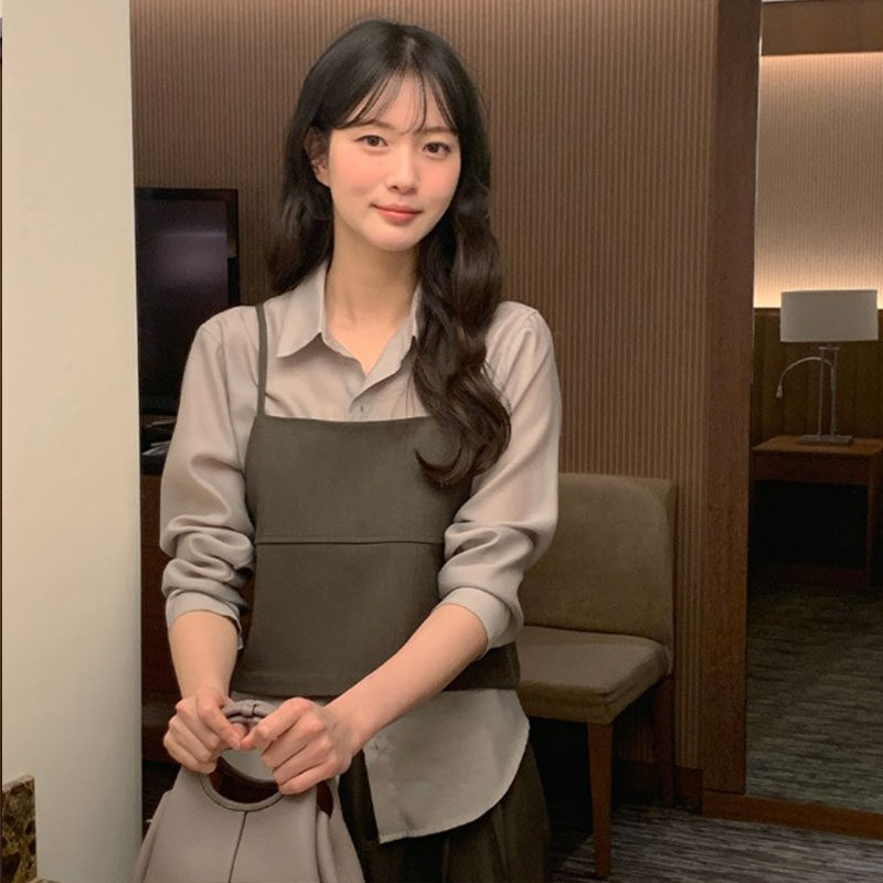 韩国代购直邮2026春气质后系带棕色短款外搭吊带背心女叠穿百搭