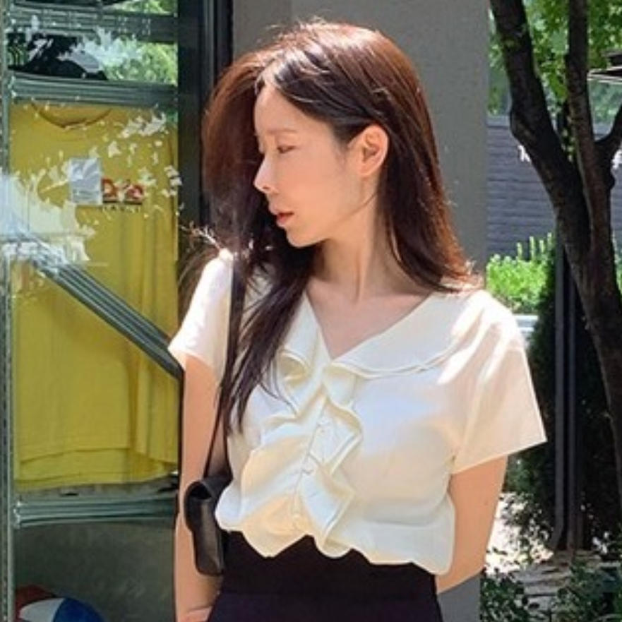 韩国代购直邮2026夏Fine-thankyou优雅荷叶花边领雪纺衫短袖衬衫