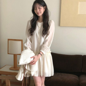 韩国代购直邮2026春温柔泡泡袖衬衫连衣裙百搭纯色褶皱甜美少女裙