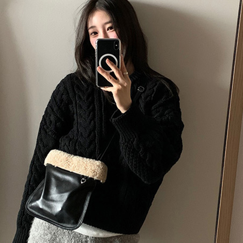 韩国代购直邮Flily冬百搭通勤麻花纹套头慵懒风宽松针织毛衣女