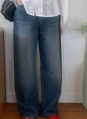 韩国代购直邮Heylady春复古磨白时尚百搭宽松长裤显瘦阔牛仔裤女