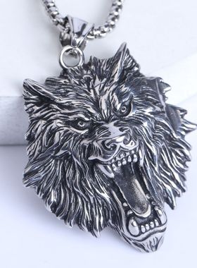 2023欧美跨境复古饰品 朋克摇滚个性合金吊坠 钛钢狼头男士项链