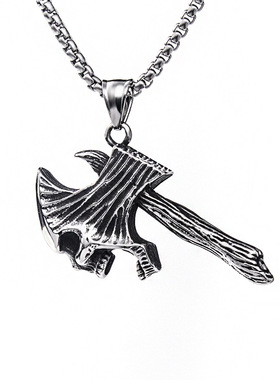 饰品批发 欧美跨境潮男百搭骷髅战斧吊坠 嘻哈钛钢不锈钢斧头项链