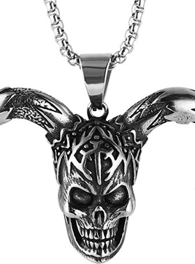 欧美跨境饰品钛钢男士嘻哈项链不锈钢小丑头角骷髅头吊坠个性配饰