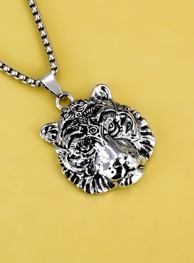 欧美钛钢动物老虎项坠个性朋克复古潮男女不锈钢老虎吊坠项链