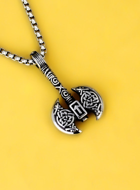 速卖通新款热销北欧维京符文双面斧头不锈钢项链男女饰品外贸批发