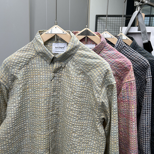 男女BF宽松慵懒风休闲衬衣潮 衬衫 小清新 色织格纹泡泡纱肌理长袖