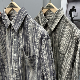 男女潮牌叠穿宽松休闲衬衣外套 衬衫 日式 古着复古印花条纹纯棉长袖