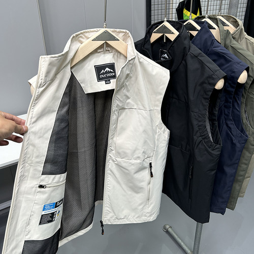 欧美单 户外运动防风防水立领工装马甲男士百搭休闲无袖背心坎肩