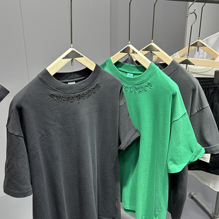 精致刺绣 重磅300G美式复古水洗纯棉圆领短袖男女宽松廓形大码T恤