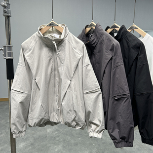 休闲外套 夹克男潮牌短款 美式 复古机能风户外宽松廓形拼接立领工装