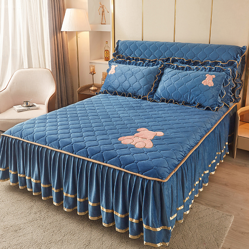 欧式水晶绒夹棉床裙单件牛奶绒加厚床罩保暖珊瑚绒席梦思防滑床套