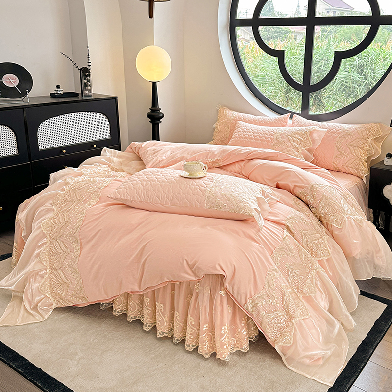 全棉床裙款四件套夹棉加厚公主风蕾丝花边床罩双人被套四季通用