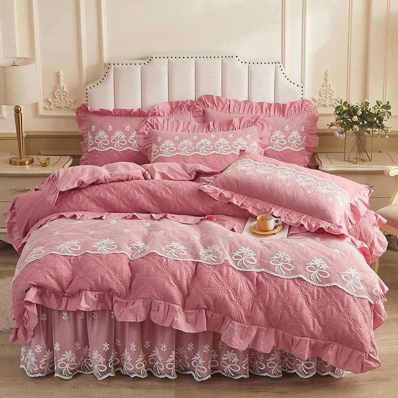 全棉夹棉床裙款四件套纯棉加厚床罩蕾丝花边加棉双人被套四季通用
