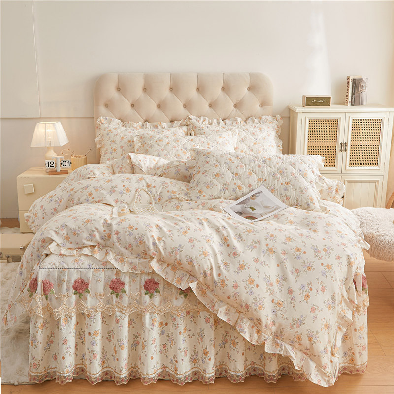 全棉四件套加厚床裙1.8m韩式公主风被套田园蕾丝边床罩床上用品