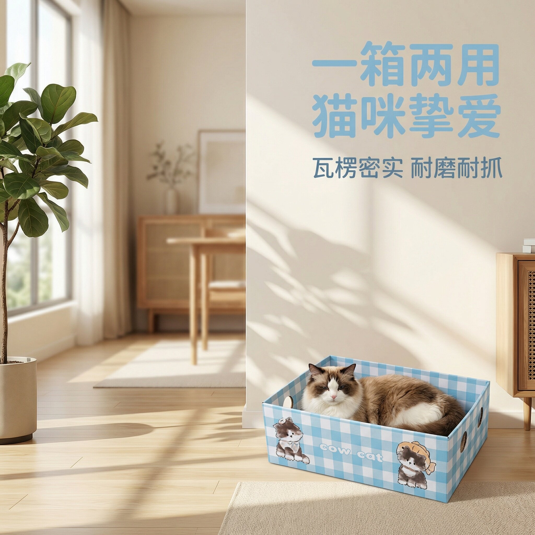 猫窝猫抓盆猫咪瓦楞纸猫抓板格子卡通耐磨耐抓宠物用品收纳盒可爱