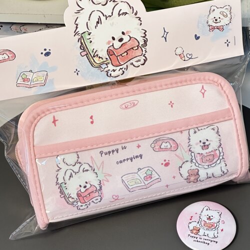 粉色萨摩耶牛津布笔袋铅笔盒双层拉链大容量文具盒拉链收纳痛包女