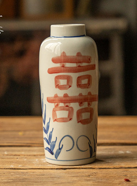 复古手绘陶瓷花瓶白色喜字装饰品中式家居可水培水养插花干花摆件