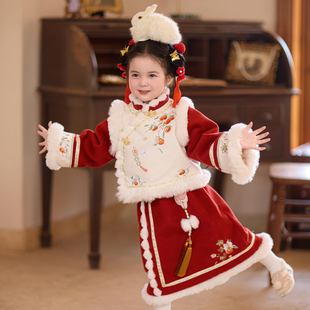 全程锦绣2025新款女童拜年服宝宝唐装中国风古风冬装套装加绒加厚