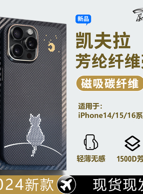 荣意ROI适用苹果16苹果15系列手机壳凯夫拉碳纤维磁吸手机壳16promax15promax手机壳新款小猫望月简约编织壳