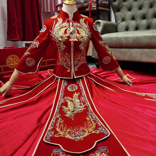 特价清仓秋冬新款丝绒简约秀禾服复古中式嫁衣新娘结婚婚纱礼服