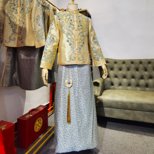 结婚婚纱礼服接亲 新郎新娘男装 清仓特价 9成新金色中式