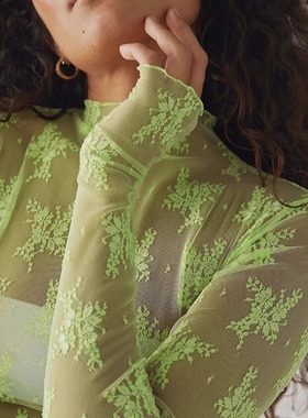 美单FP 多色柔软弹力叠穿性感透明蕾丝薄纱指套长袖上衣无文胸