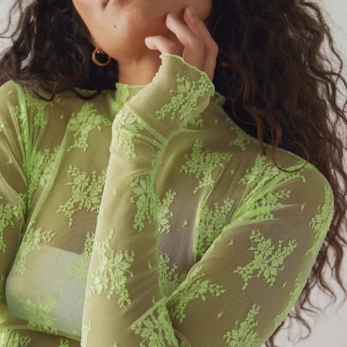 美单FP 多色柔软弹力叠穿性感透明蕾丝薄纱指套长袖上衣无文胸