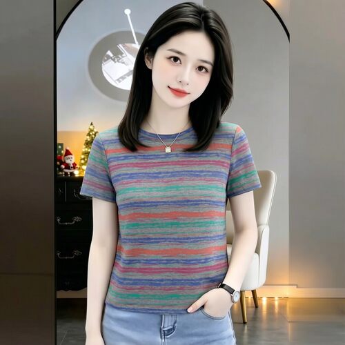慵懒风彩虹条纹短袖T恤女宽松
