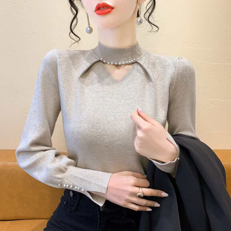 半高领钉珠修身针织衫女秋冬毛衣