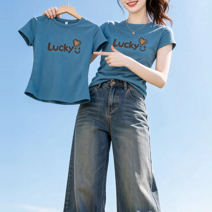 海蓝色显白短袖t恤女夏季圆领时尚显瘦Lucky印花半袖体恤衫上衣潮